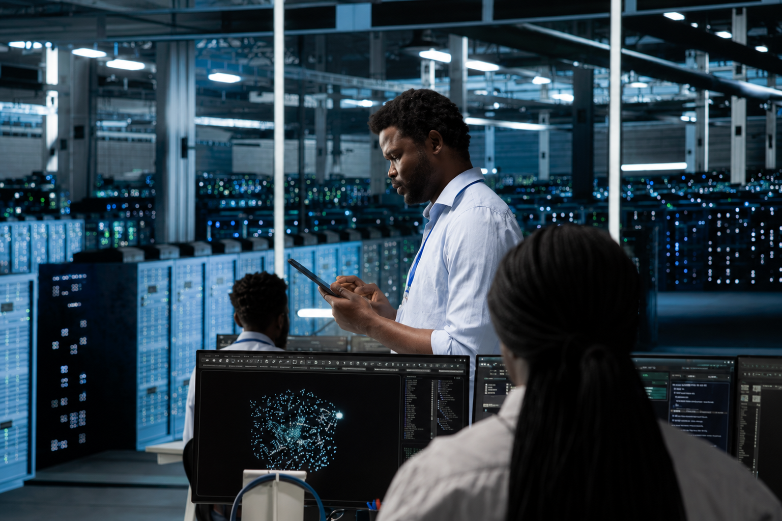 A man stands in front of a computer in a data center, surrounded by rows of servers and blinking lights.